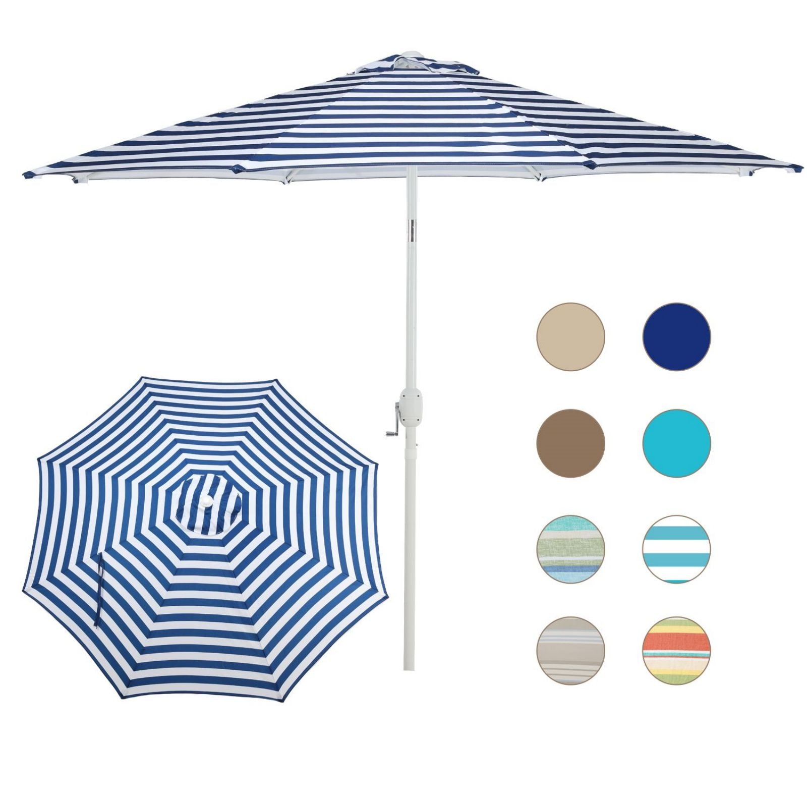 9FT Outdoor Patio Market Umbrella Aluminum Frame with Push Button Tilt Crank and 8 Steel Ribs, UV Protection  Aoodor  Dark Blue and White  